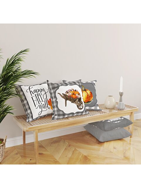 Evmila Çift Taraf Baskılı Kadife Doku Sonbahar Ve Kabak Desenli 4'lü Kırlent Seti - S000081506-23173