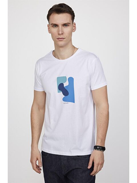 TUDORS Erkek Bisiklet Yaka Slim Fit Pamuk Baskılı Beyaz Tişört