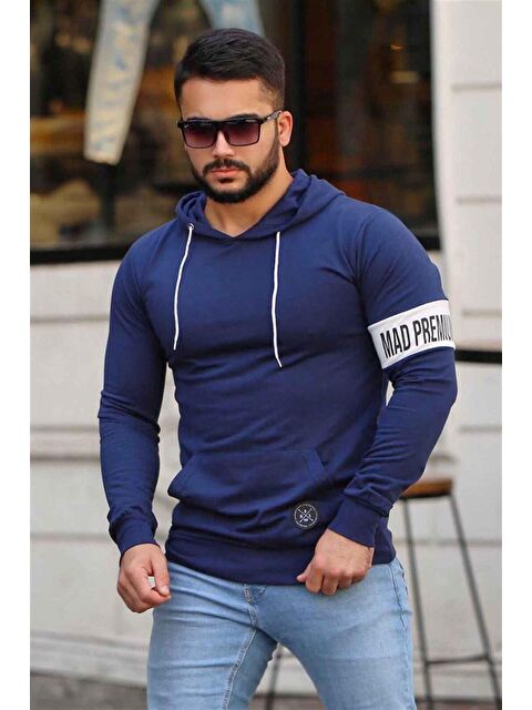 Madmext Kol Baskılı Kapüşonlu Lacivert Erkek Hoodie 4123 - S000051128-21164