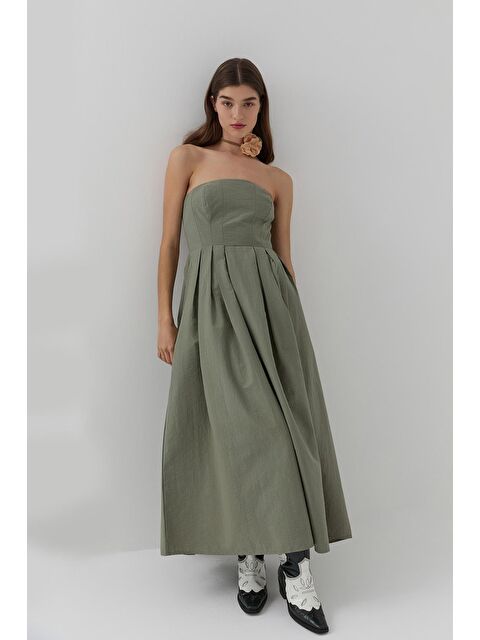 QUZU Straplez Pile Detaylı Uzun Elbise Haki - S000128817-18547