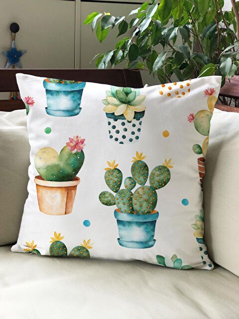 Evmila Kadife Doku Çift Taraf Baskılı Kaktüs Desen 43x43 cm Tekli Kırlent Kılıfı - S000021769-23173