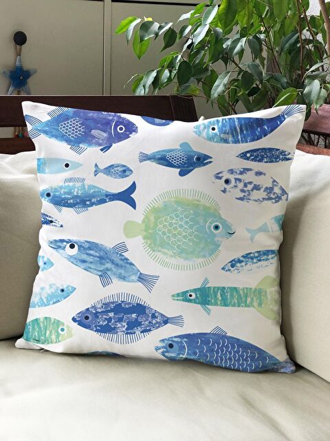 Evmila Kadife Doku Çift Taraf Baskılı Balık Desen 43x43 cm Tekli Kırlent Kılıfı - S000021767-23173