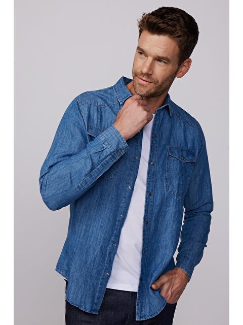 TUDORS Slim Fit Dar Kesim Çift Cep Kapaklı  Pamuklu Denim Lacivert  Jean Gömlek