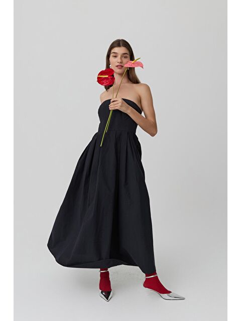 QUZU Straplez Pile Detaylı Uzun Elbise Siyah - S000128817-19351