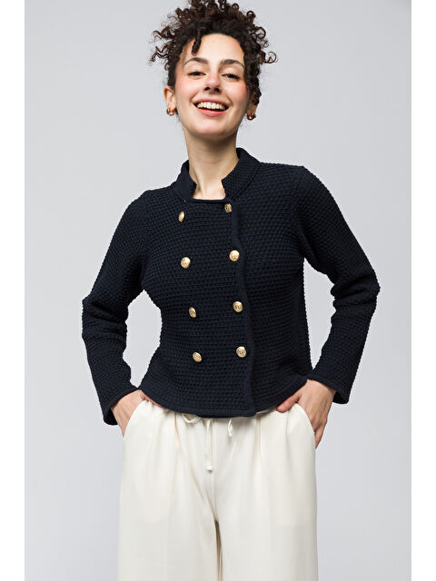 Dexia Pekin   Hakim Yaka Düğme Detaylı Triko Hırka   Lacivert Renk - S000337721-21164