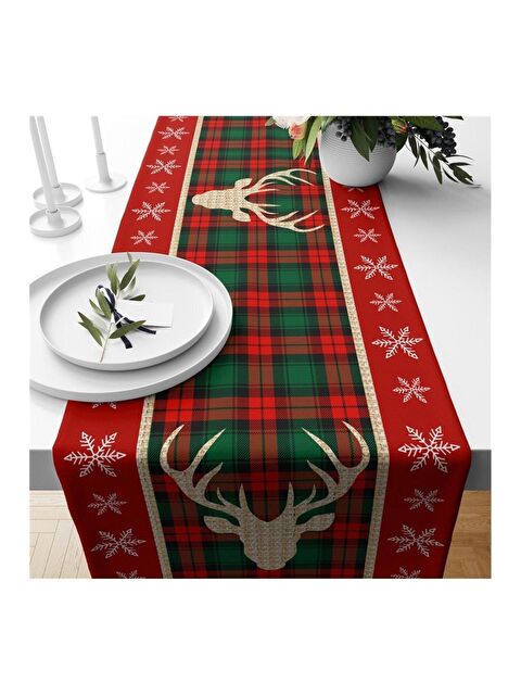 Evmila Yılbaşı Temalı Geyik Desenli Kadife Runner 40x140 cm - S000085215-23173