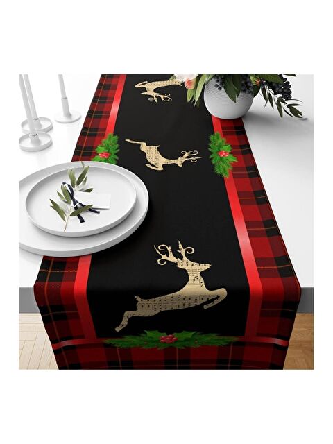 Evmila Yılbaşı Özel Geyik Desenli Kadife Runner 40x140 cm - S000085259-23173