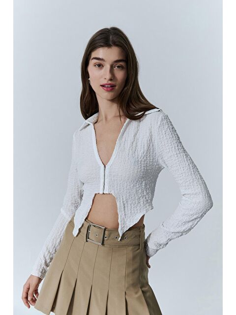 QUZU Bağlama Detaylı Crop Bluz Ekru - S000128699-19965