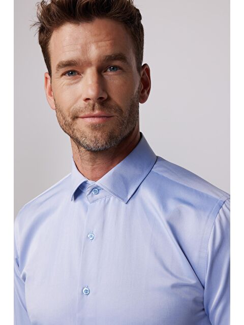 TUDORS Slim Fit Pamuklu Düz İndigo Erkek Gömlek - S000067586-23093