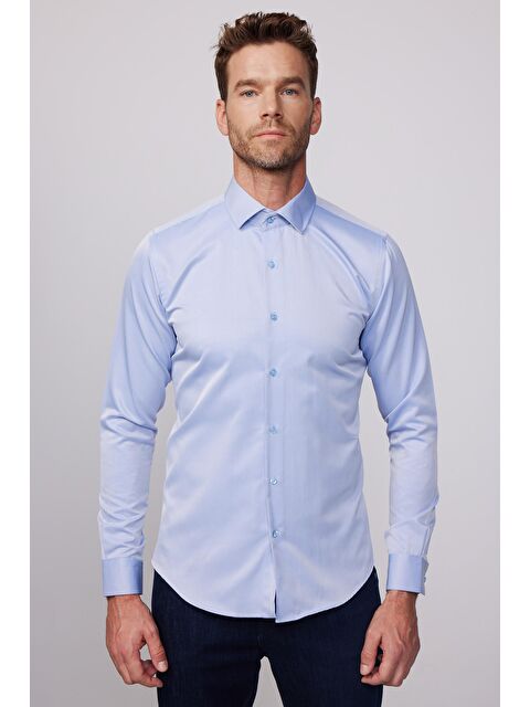 TUDORS Slim Fit Pamuklu Düz İndigo Erkek Gömlek - S000067586-23093