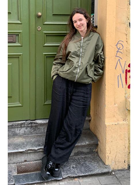 Madmext Siyah Beli Büzgülü Wide Leg Kumaş Pantolon Mg1950