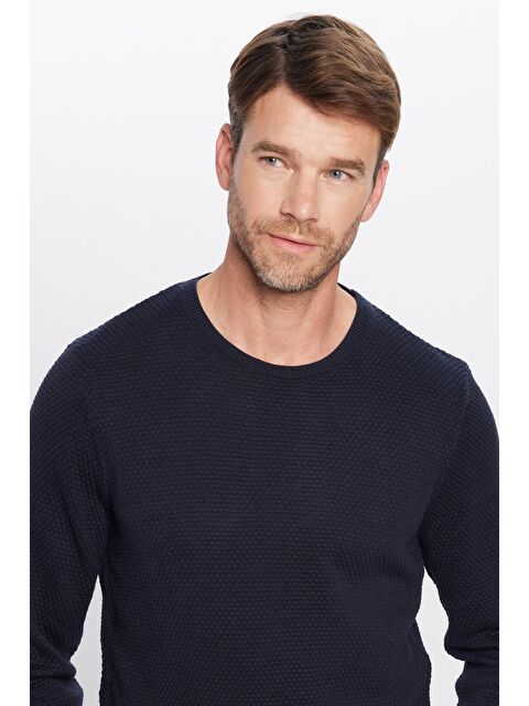 TUDORS Erkek Standart Fit Normal Kesim Bisiklet Yaka Petek Desenli Lacivert Triko Kazak - S000043997-21164