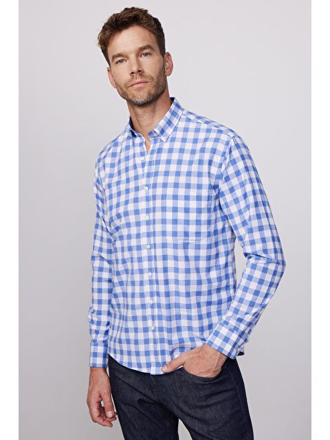 TUDORS Erkek Regular Fit Klasik Kesim Düğmeli Yaka Küçük Kareli Pamuklu Gömlek - S000067587-23173