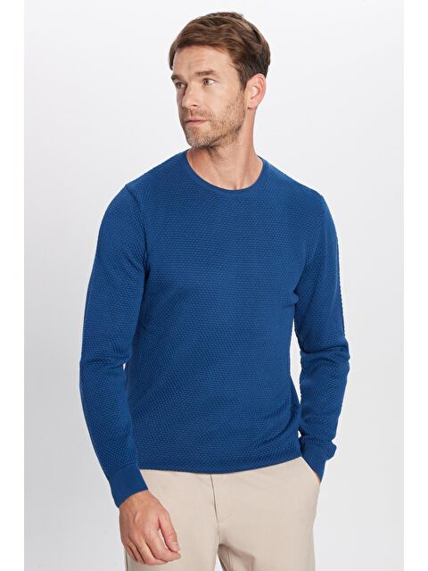 TUDORS Erkek Standart Fit Normal Kesim Bisiklet Yaka Petek Desenli İndigo Triko Kazak - S000042892-23093