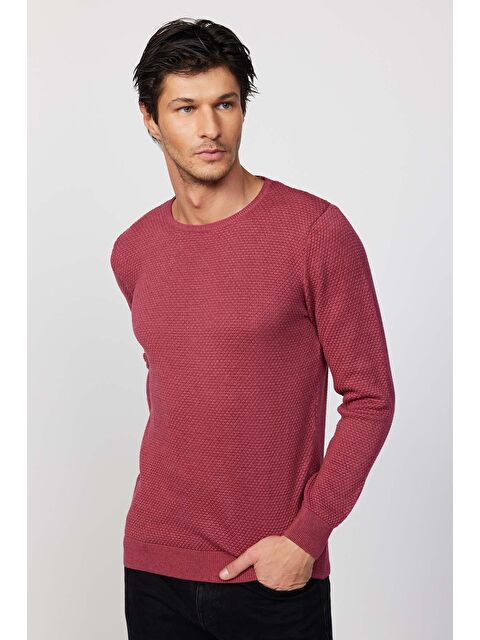 TUDORS Erkek Standart Fit Normal Kesim Bisiklet Yaka Petek Desenli Bordo Triko Kazak