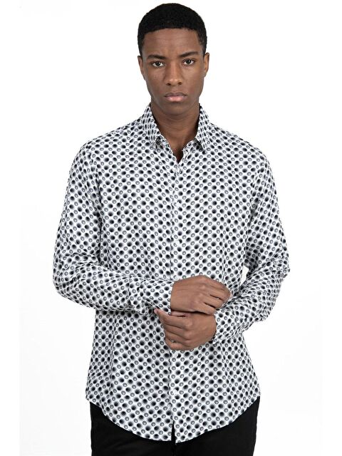 TUDORS Slim Fit Dar Kesim Uzun Kol Baskılı Desen Viskon Spor Erkek Gömlek
