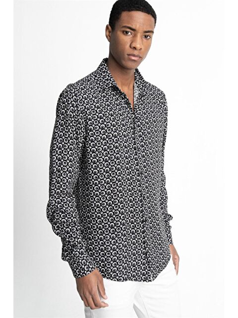 TUDORS Slim Fit Dar Kesim Uzun Kol Baskılı Desen Viskon Spor Erkek Gömlek