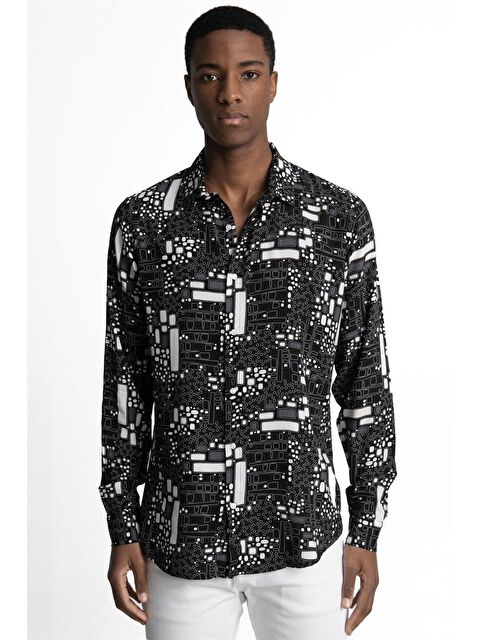 TUDORS Slim Fit Dar Kesim Uzun Kol Baskılı Desen Viskon Spor Erkek Gömlek