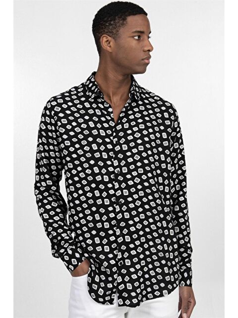 TUDORS Slim Fit Dar Kesim Uzun Kol Baskılı Desen Viskon Spor Erkek Gömlek
