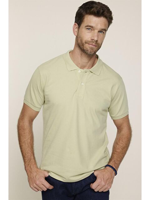TUDORS Erkek Polo Yaka Slim Fit Düz Pamuk Pike Yeşil Tişört