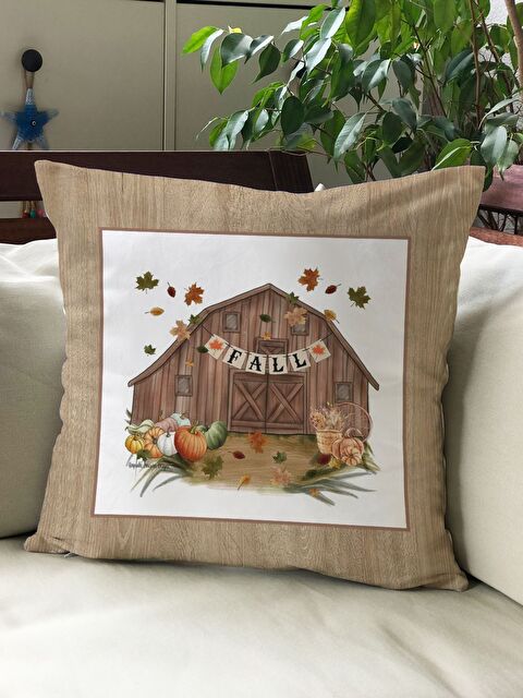 Evmila Sonbahar Temalı 43x43 Kadife Kırlent Kılıfı - S000292186-23173