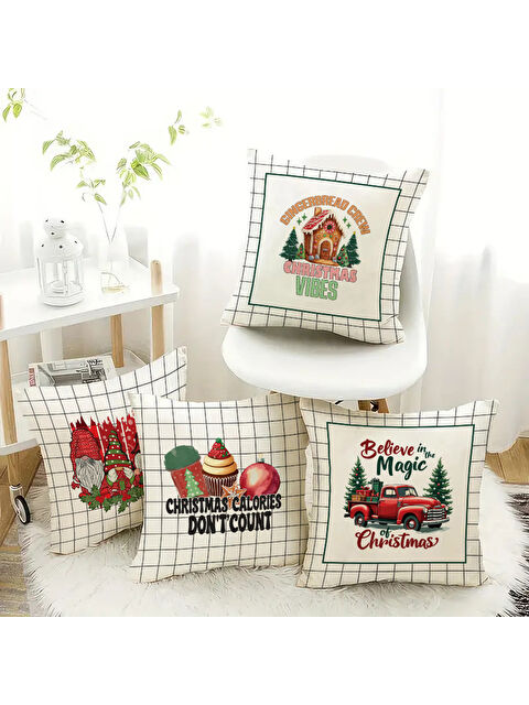 Evmila Çift Taraf Baskılı Kadife Doku Yılbaşı Temalı 4 lü Kırlent Seti - S000292209-23173