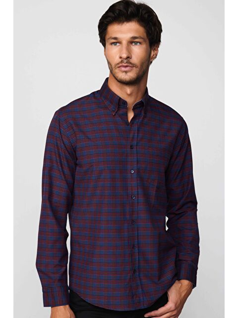 TUDORS Erkek Regular Fit Klasik Kesim Düğmeli Yaka Küçük Kareli Pamuklu Gömlek - S000103695-21164