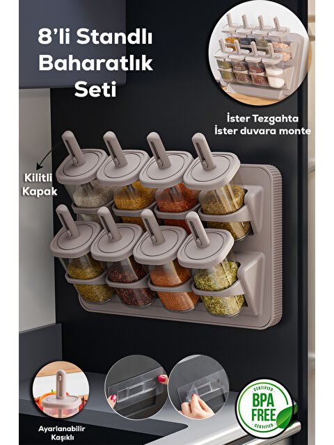 Porsima 1123 Standlı Kaydırmalı Kaşıklı 360° Döner Kapaklı Etiketli Baharatlık Seti - Erzak Saklama