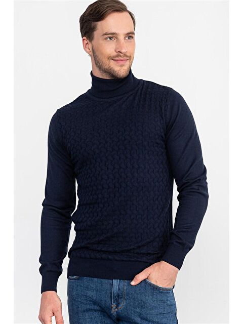 TUDORS Slim Fit Tam Balıkçı Yaka İnce Yün Erkek Lacivert Kazak - S000043245-21164