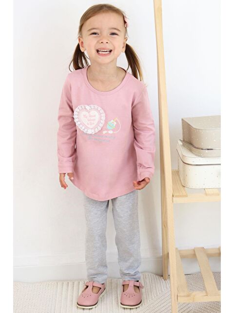 Breeze Kız Çocuk Taytlı Takım Parfüm Şişesi Nakış Baskılı Güpürlü Kalpli Gülkurusu (1.5-5 Yaş) - S000146815-20028