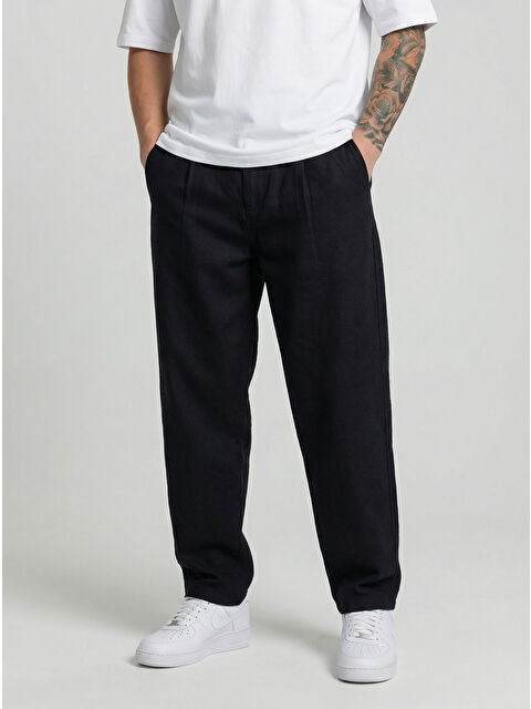 Danger Erkek Pileli Rahat Kesim Viskon Kumaş Yazlık Kumaş Pantolon Siyah