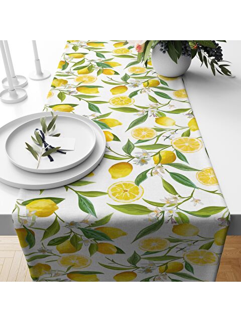 Evmila Limon Desenli Kadife Runner Beyaz 40x140 cm - S000076384-23173