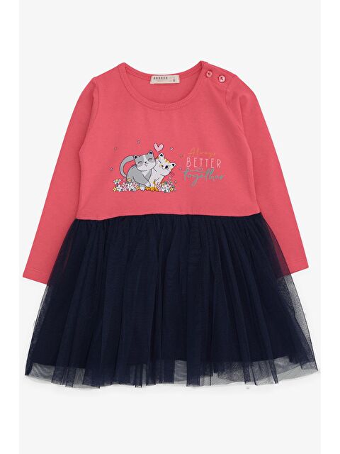 Breeze Kız Çocuk Uzun Kollu Elbise Kedicik Baskılı Mercan (1.5 Yaş) - S000069992-19963