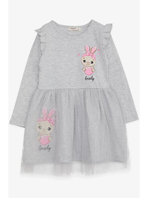 Breeze Kız Bebek Uzun Kollu Elbise Tavşancık Baskılı Açık Gri Melanj (2 Yaş) - S000070000-17308