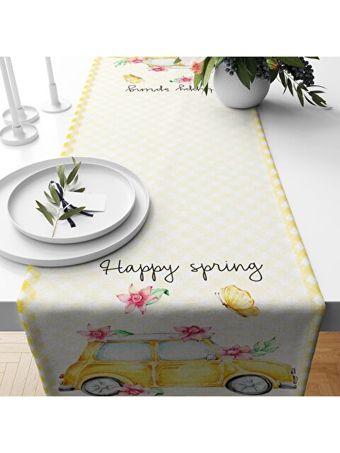 Evmila Sarı Pötikare Araba Desenli Kadife Runner Beyaz 40x140 cm - S000076385-23173