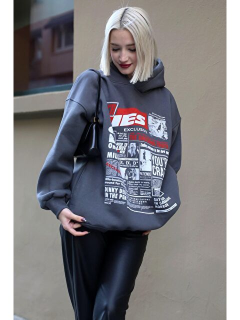 Madmext Antrasit Baskılı Oversize Kapüşonlu Kadın Sweatshirt Mg1581 - S000046975-29666
