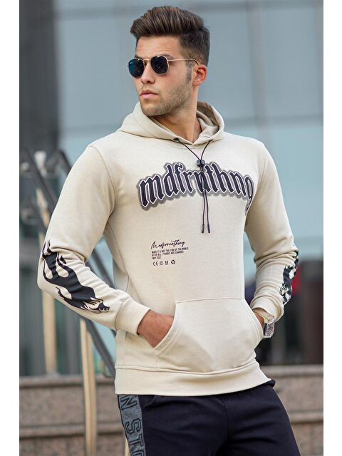 Madmext Bej Baskılı  Erkek Hoodie 5312 - S000062727-19928