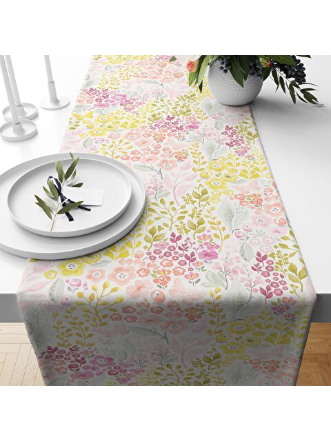 Evmila Çiçek Desenli Kadife Runner Renkli 40x140 cm - S000076386-23173