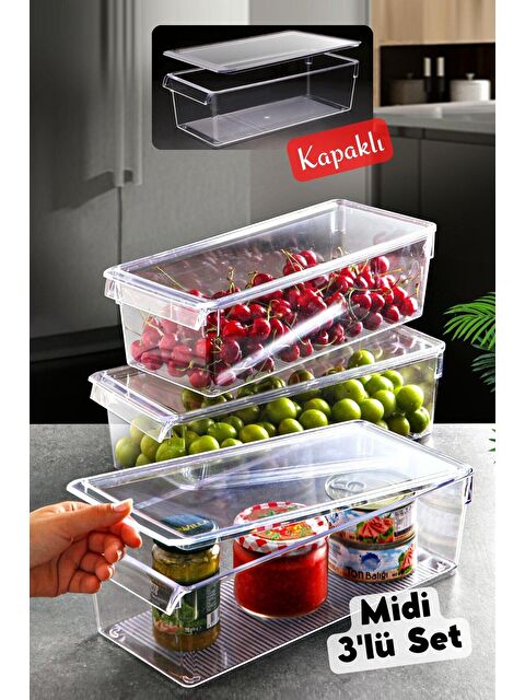 Nandy Home KAPAKLI MİDİ Tall Clear Buzdolabı & Dolap İçi Düzenleyici Organizer 3 Adet - S000010602-26865