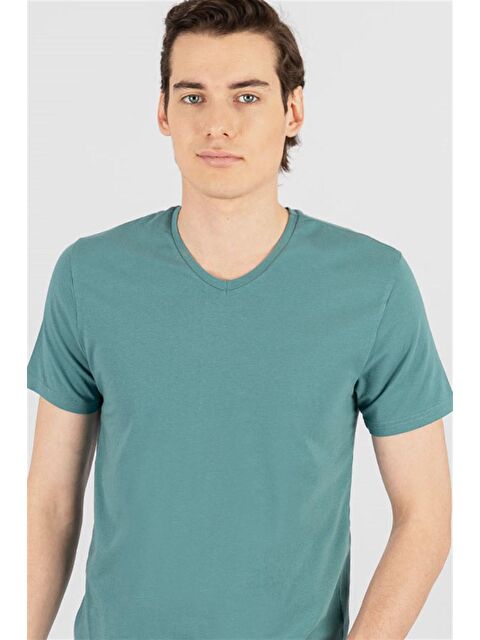 TUDORS Slim Fit V Yaka Düz Basıc Kısa Kol Tişört