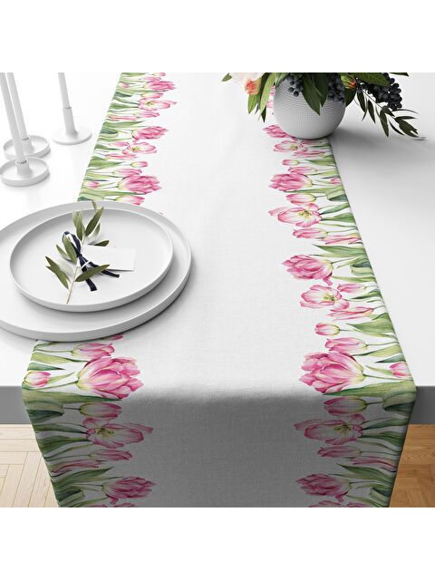 Evmila Çiçek Desenli Kadife Runner Beyaz 40x140 cm - S000076388-23173