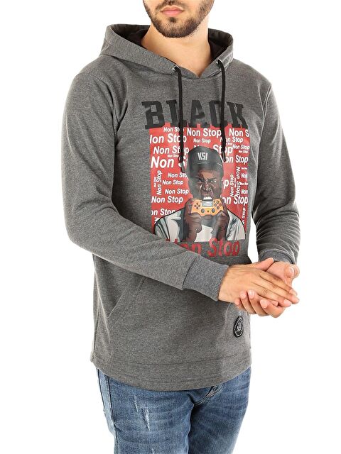 Madmext Kapüşonlu Baskılı Erkek Hoodie Füme 2779 - S000051155-33408