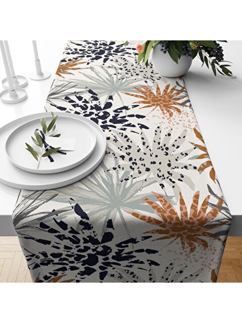 Evmila Tropikal Desenli Kadife Runner Beyaz 40x140 cm - S000076389-23173