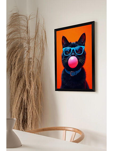 Artavessa Tek Parça Siyah Çerçeve Görünümlü Kedi Baskılı MDF 48x33 cm Tablo - Model 19