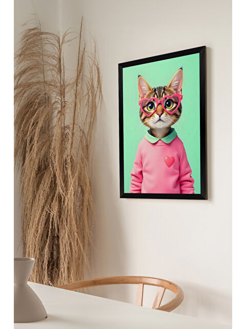 Artavessa Tek Parça Siyah Çerçeve Görünümlü Kedi Baskılı MDF 48x33 cm Tablo - Model 26