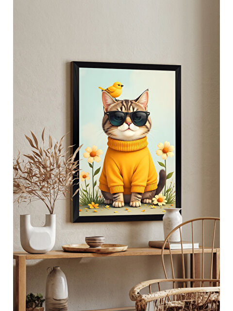 Artavessa Tek Parça Siyah Çerçeve Görünümlü Kedi Baskılı MDF 48x33 cm Tablo - Model 4