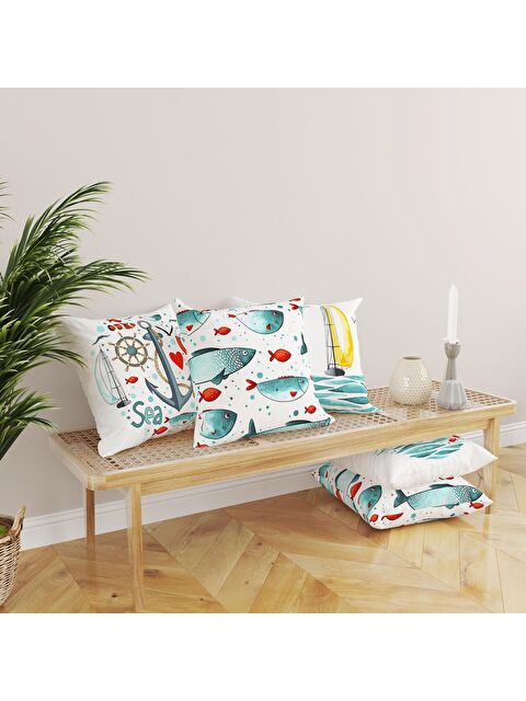 Evmila Kadife Doku Çift Taraf Baskılı Balık Desen 43x43 cm 4'lü Kırlent Kılıfı Seti - S000076392-23173