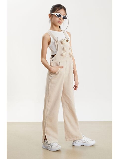 Cansın Mini Bej Ayıcık Cepli Yırtmaçlı Kız Çocuk Salopet Tulum 17713 - S000145385-19928