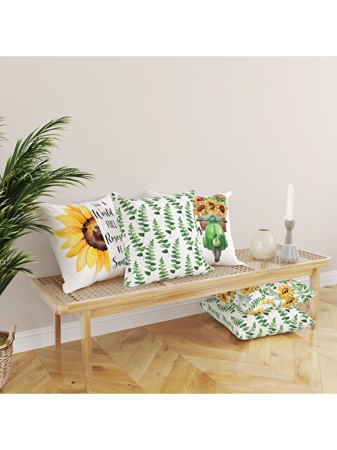 Evmila Kadife Doku Çift Taraf Baskılı Ayçiçeği Desen 43x43 cm 4'lü Kırlent Kılıfı Seti - S000076393-23173