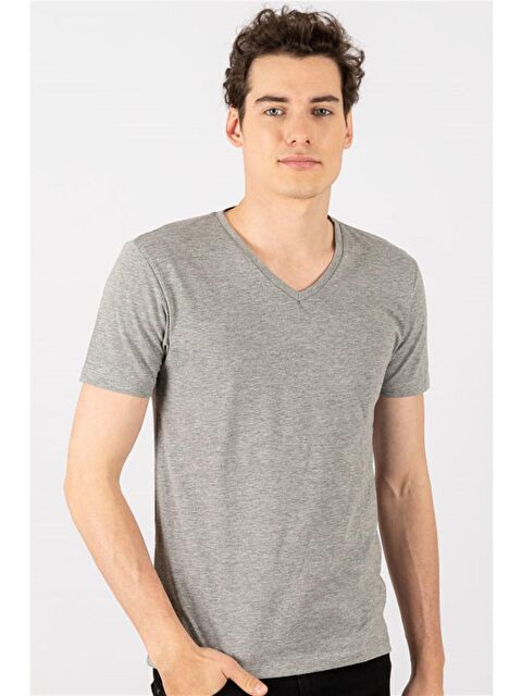 TUDORS Slim Fit V Yaka Düz Basıc Kısa Kol Tişört